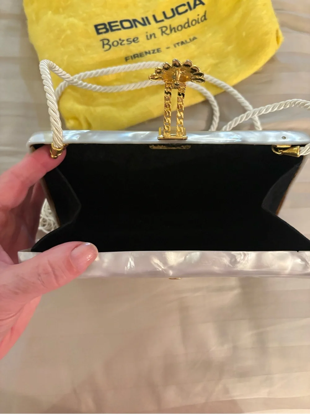 Vintage Beoni Lucia Italian Rhodoid Evening Bag in White with Gold Accent